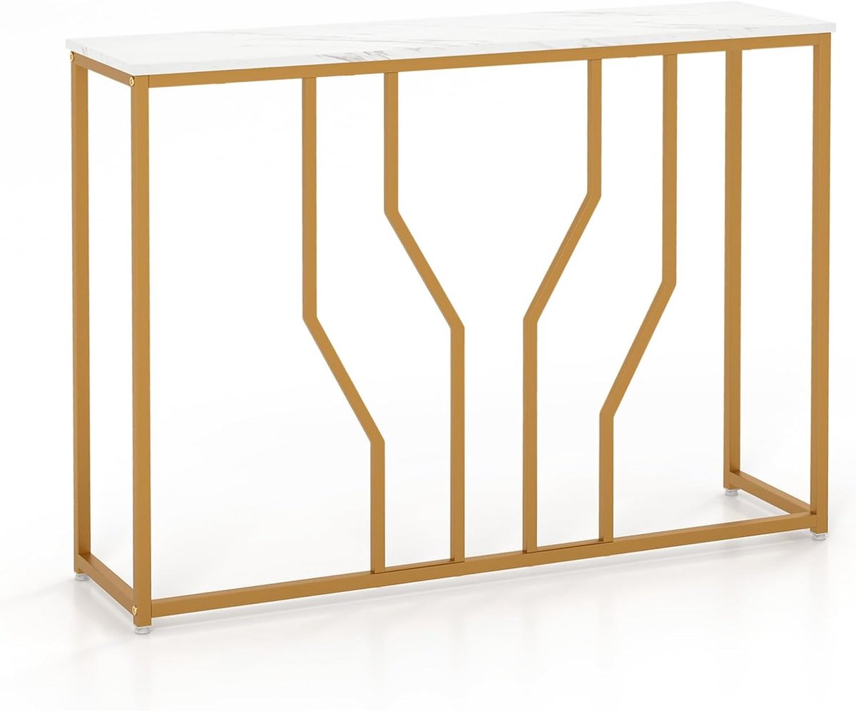 Consoletafel, entreetafel, smal, marmerlook, banktafel met geometrisch metalen frame, bijzettafel goud + wit, 110 x 30 x 80 cm, voor woonkamer, hal, entree