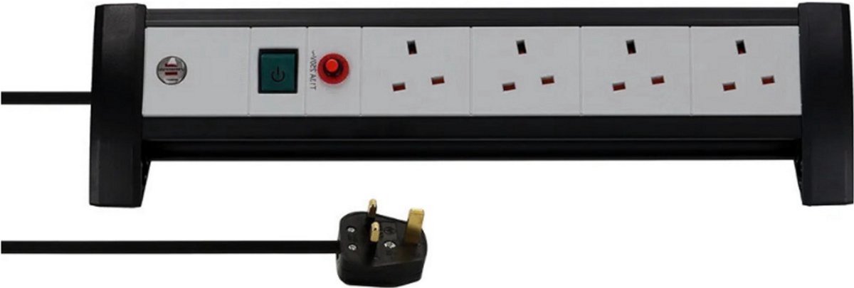 Thuys – 5-Voudige Bureau Stekkerdoos – Met Schakelaar – 3 Meter Kabel – Veiligheidsknop – Gemaakt In Duitsland – Grijs/Zwart