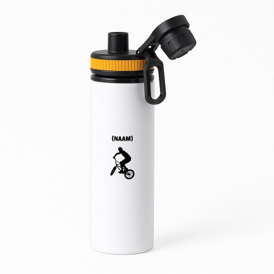 Bouteille d'eau blanche avec bouchon orange et image d'un cycliste BMX avec le texte (NAAM).