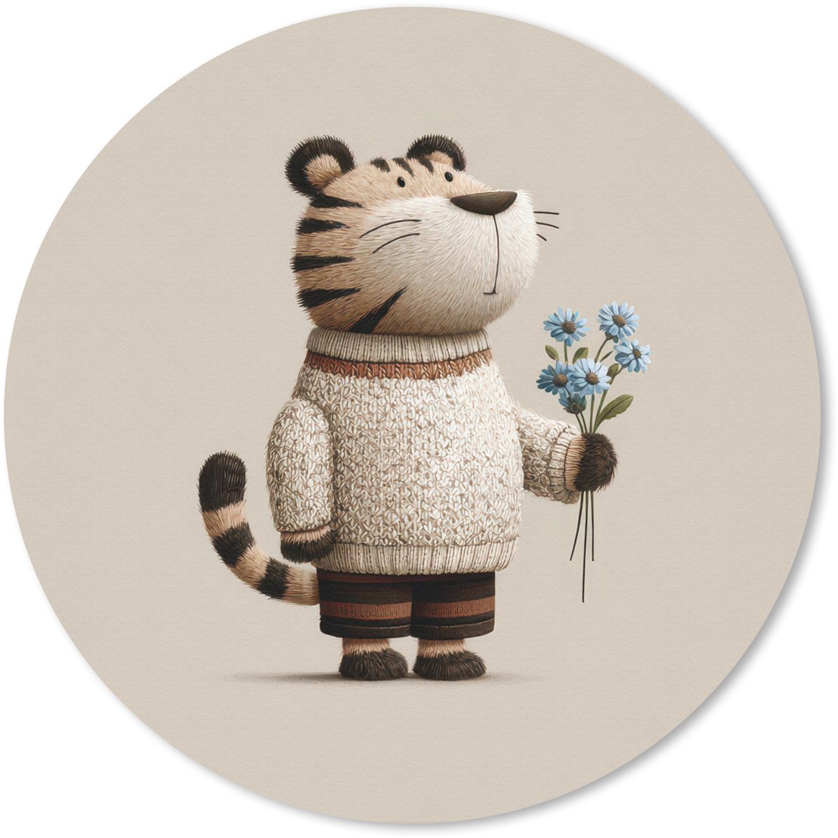 Muismat rond 50x50 cm - Mousepad Tijger - Blauwe bloemen - Rustig - Ronde muismatten