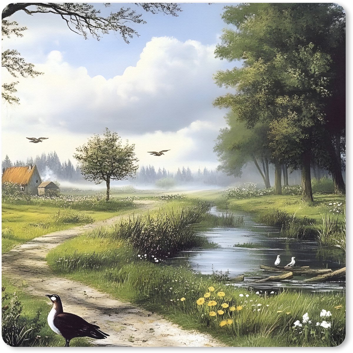 Muismat XXL 40x40 cm - Bureau onderlegger - Bureau mat Zandpad - Groen landschap - Water - Bureaumat - Gaming mousepad xl - Bureaulegger groot - Computer deskmat