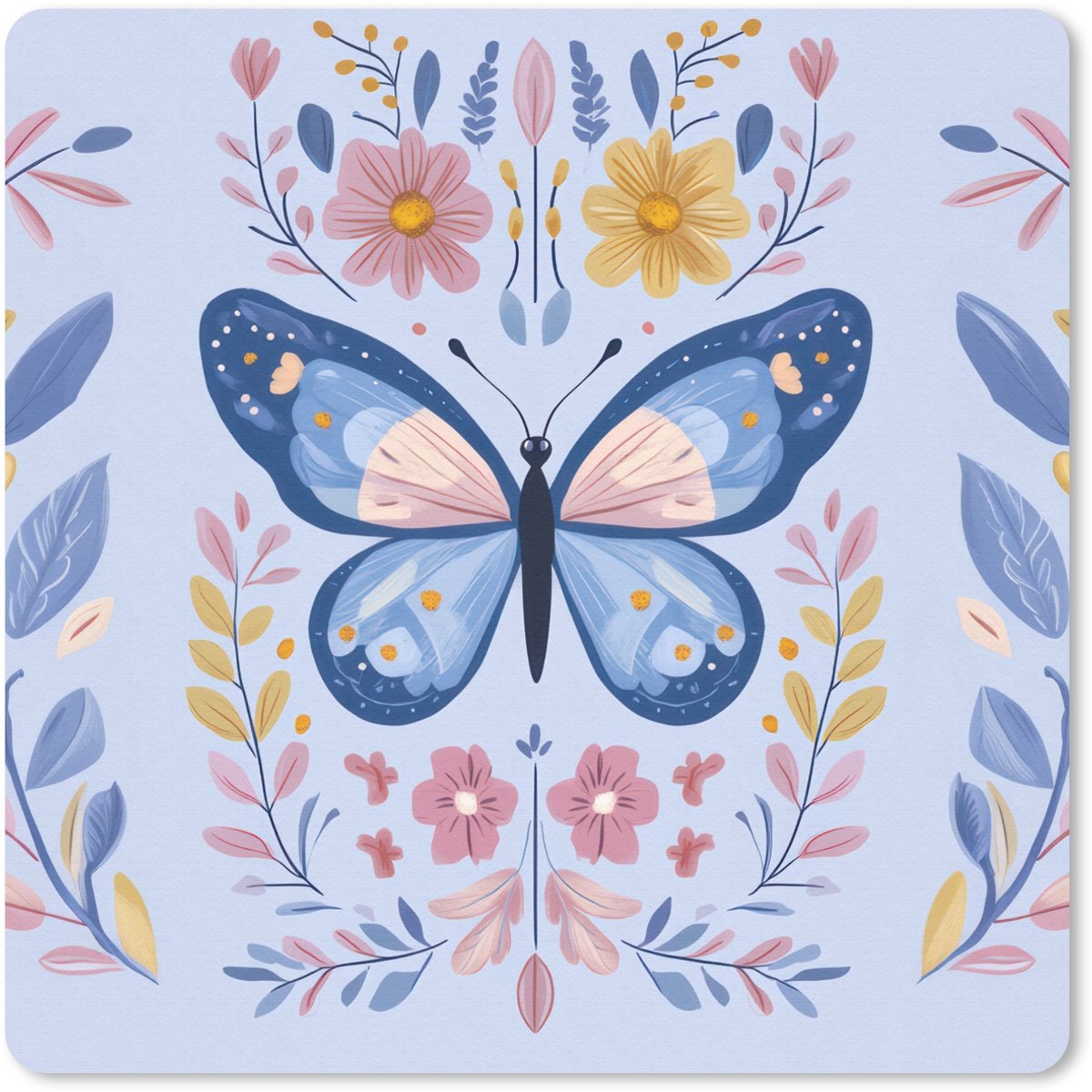 Muismat 30x30 cm - Mousepad Vlinder - Lichtblauw - Sierlijk - Bloemen - Muismatten