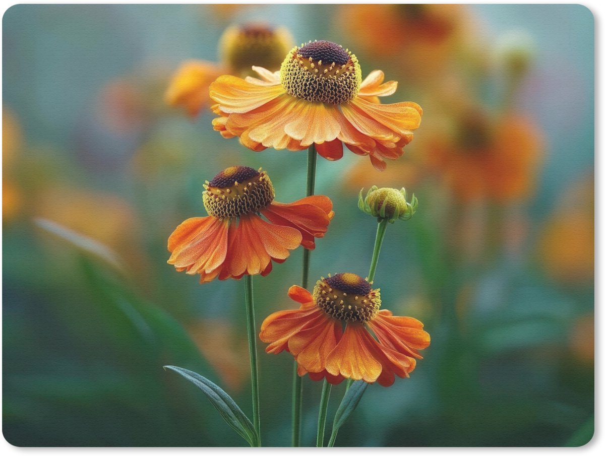 Muismat 23x19 cm - Mousepad Oranje bloemen - Levendig - Wazige achtergrond - Muismatten