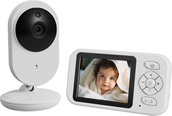 Witte babyfoon met camera en beeldscherm waarop een slapende baby met een witte handdoek te zien is. De monitor heeft knoppen voor aan/uit, volume en temperatuur.