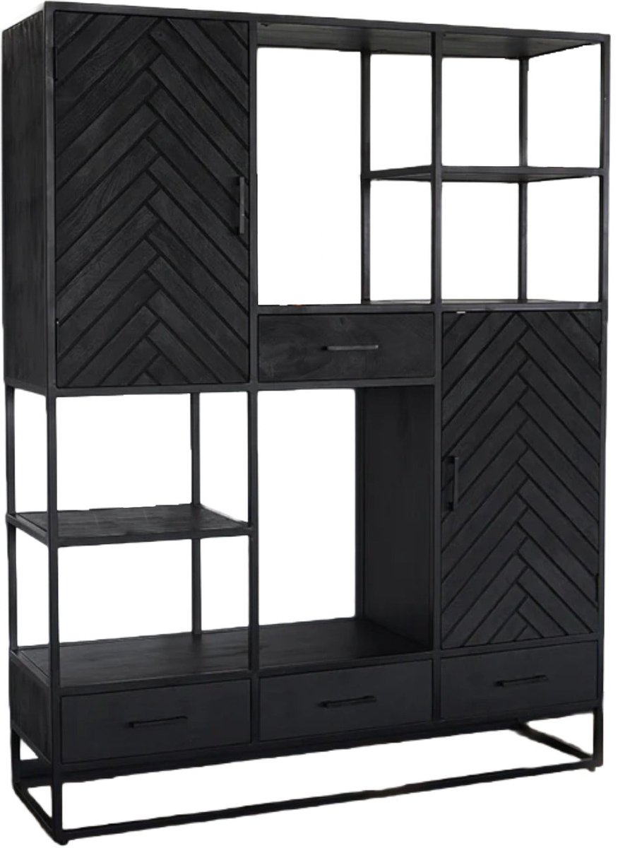 Kast industrieel mangohout Lio zwart mango hout wandkast 180cm visgraat vakkenkast mango duurzaam