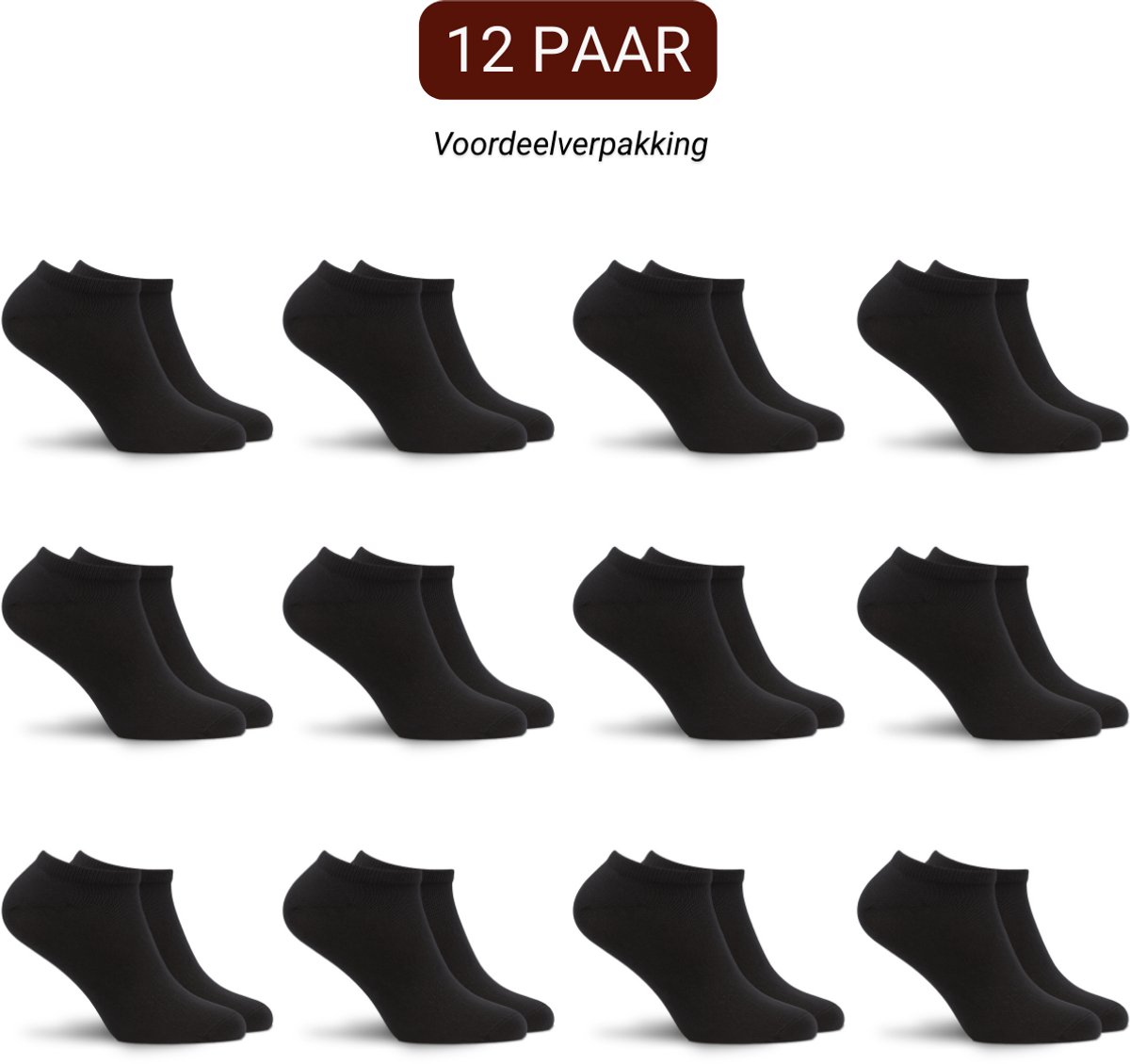 Sukats® 12 Paar Sneakersokken - Maat 39-42 - Zwart - Dames en heren sokken - Enkelsokken dames en heren - Meerdere maten en kleuren - Korte sokken - Naadloos