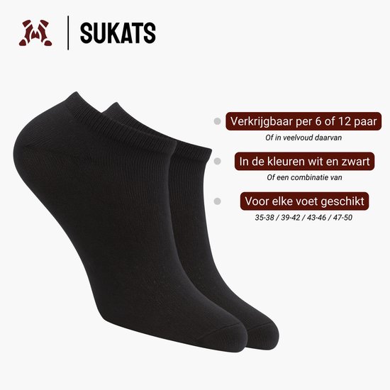 Twee zwarte Sukats enkelsokken, verkrijgbaar in maten 35-38, 39-42, 43-46 en 47-50.