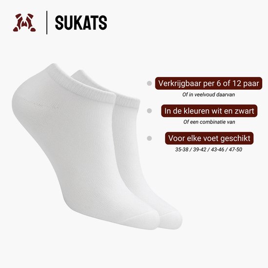 Twee paar witte enkelsokken van Sukats, verkrijgbaar per 6 of 12 paar.