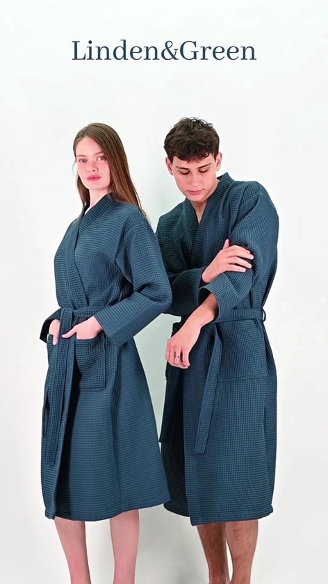 PandaHome - Badjas Unisexe - Badjas 100% Katoen - L - Marine - Gaufre en Katoen - Kimono - Badjas Femme - Peignoir Homme - Badjas Femme et Homme - L