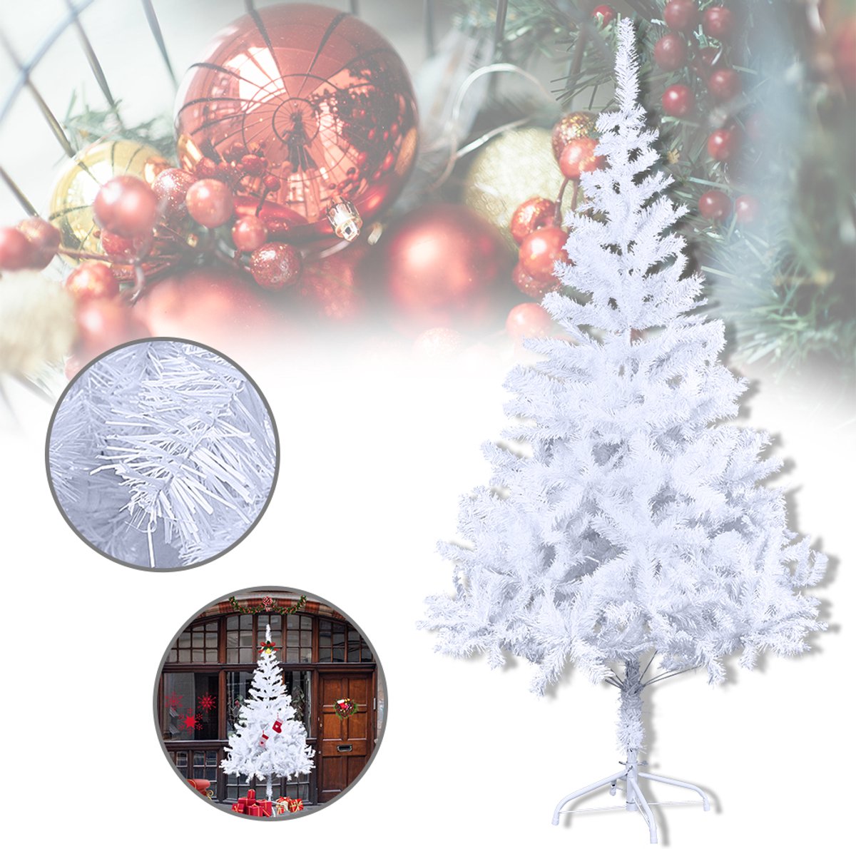 Aufun 210 cm Kunstkerstboom PVC, Edelspar Snel Op Te Bouwen, Brandvertragend, incl. Kerstboomstandaard, Wit