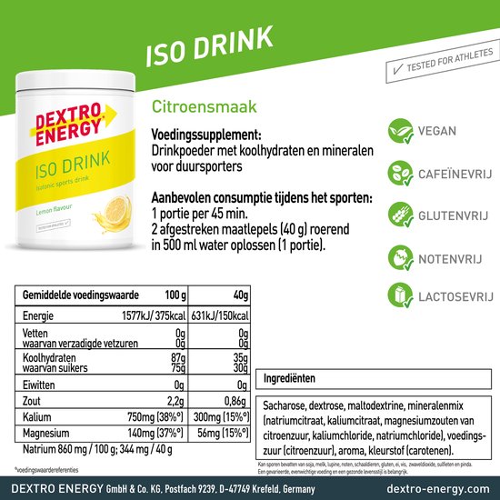 Dextro Energy Iso Drink Citrus - 440 gram (11x500ml) - Isotone Sportdrank Poeder - Isotonic Sportdrank - Elektrolyten van Merkloos — afbeelding 3