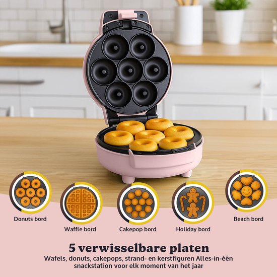 JAP Appliances Dough Joy 5in1 Wafelijzer - Wafelmaker, Donutmaker & Cake Pop maker - Anti aanbaklaag - Inclusief 50 cakepop stokjes - Roze - PFAS-vrij van JAP Appliances — afbeelding 4