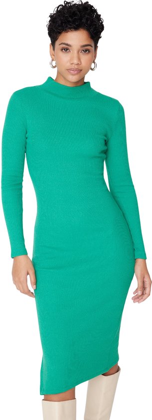 Foto: Trendyol zwarte bodycon split ronde hals midi elastische geribbelde gebreide kokerjurk twoaw21el0135
