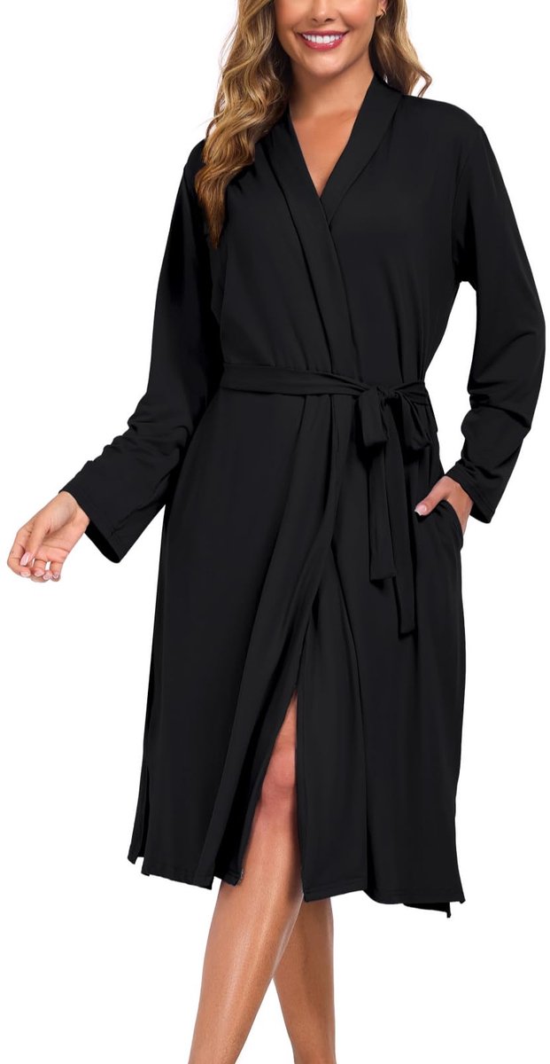 Dames Badjas Lang - Morgenjas Kimono - Lichtgewicht en Zacht - Met V-hals, Lange Mouwen en Zakken - Voor Sauna, Spa, Reizen en Loungewear