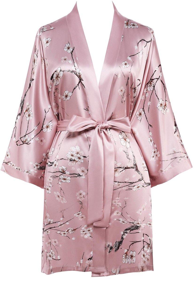 Dames Satijnen Kimono - Kort met Bloemenpatroon - Lichtgewicht Nachtkleding - Roze