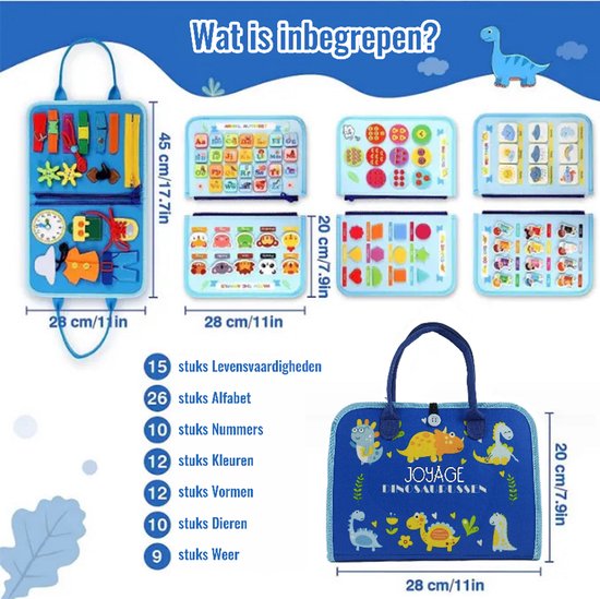 Blauw druk bord met dinosaurus print, 28x20cm. Bevat alfabet, nummers, kleuren en vormen.
