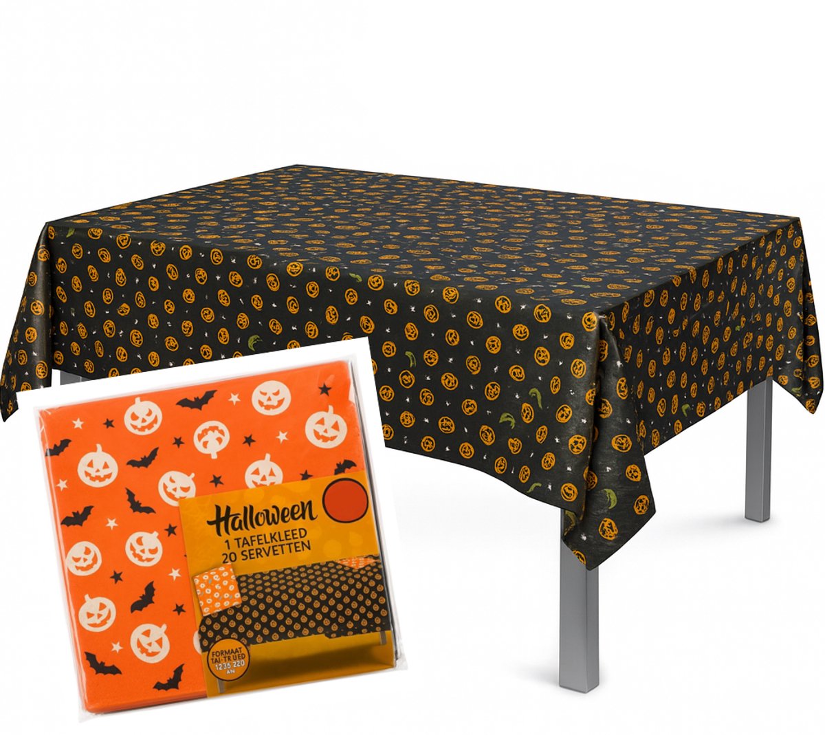 Halloween Tafelkleed 220x135 cm + 20 Servetten – Feestdecoratie – Pompoen & Vleermuis Design