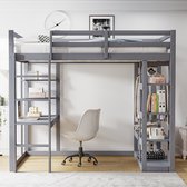 Komhtom Stapelbed met ladder van massief hout 140*200 cm, met tafel en planken, met eenvoudige bevestigingen en gelamineerde opbergruimte, kinderbedden, tienerbedden, tweepersoonsbedden, grijs