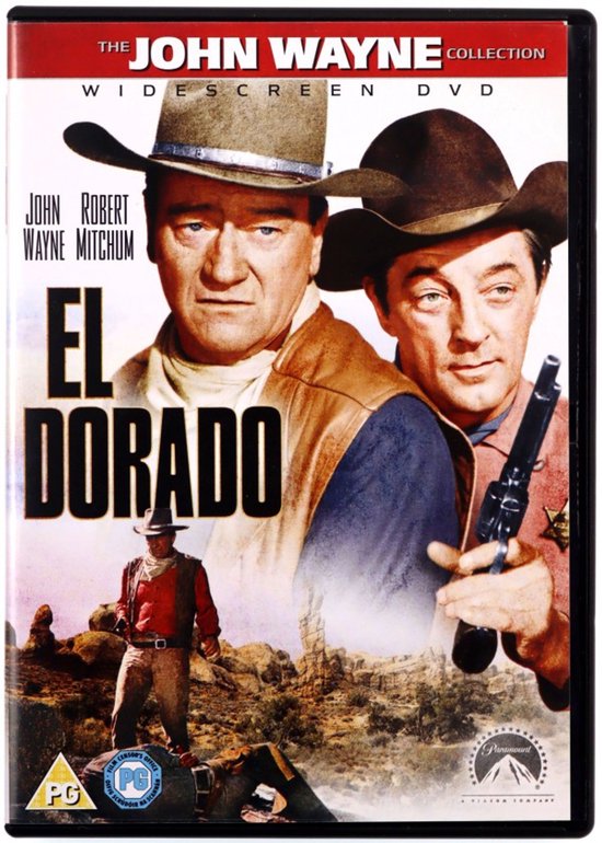 De voorkant van de "El Dorado" DVD-hoes met een poster van John Wayne en Robert Mitchum in cowboykleding. Een cowboy te paard staat op de voorgrond.