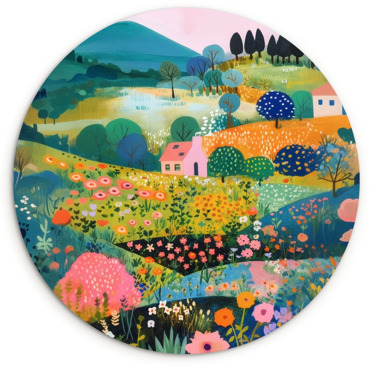 WallCircle Wandcirkel 90x90 cm - Muurcirkel Heuvellandschap - Fantasierijk - Kleurcontrasten - Muurdecoratie woonkamer - Wanddecoratie slaapkamer - Kamer decoratie accessoires - Ronde schilderijen Heuvels - Huisjes