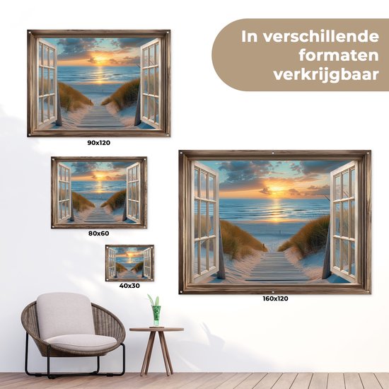 Tuinposter 40x30 cm - Tuindecoratie Doorkijk - Strand - Pad - Zonsondergang - Poster voor in de tuin - Buiten decoratie - Schutting tuinschilderij - Tuindoek muurdecoratie - Wanddecoratie balkondoek