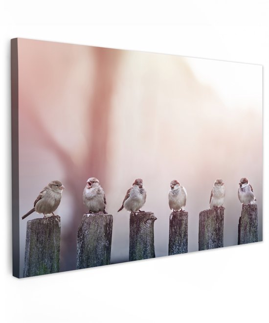 Tuinschilderij voor buiten 120x80 cm - Tuindecoratie Vogels - Mussen - Paaltjes - Hout - Tuinposter op canvas - Tuin muurdecoratie - Buitenschilderij decoratie - Schutting wanddecoratie - Buitencanvas