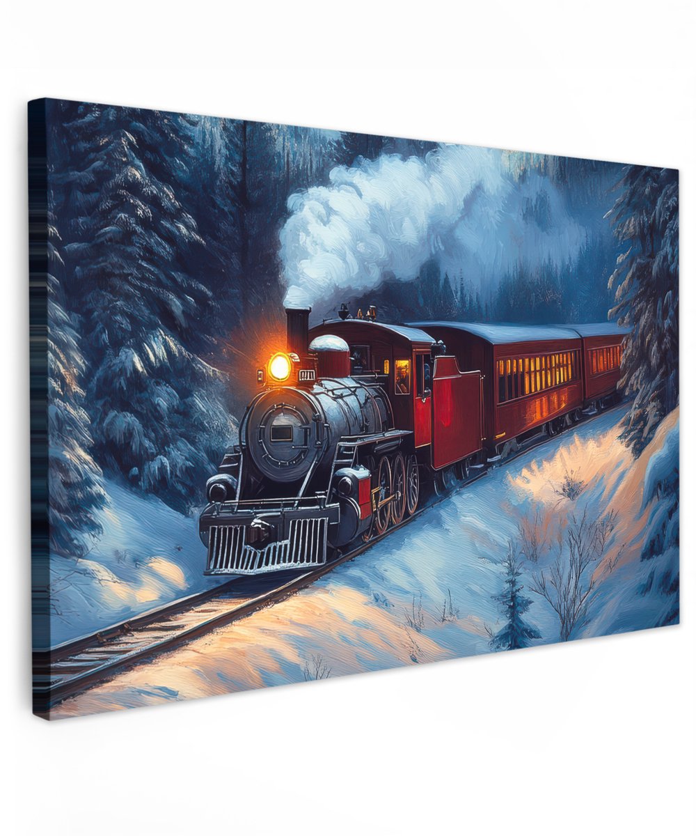 Tuinposter op canvas van 150x100 cm met Kersttrein in sneeuwlandschap voor buitendecoratie.