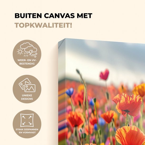 Buiten kunst op doek met een veld vol klaprozen in rood, oranje, blauw en roze.