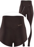 Donkerbruine legging met hoge taille, V-detail en logo op de heup.