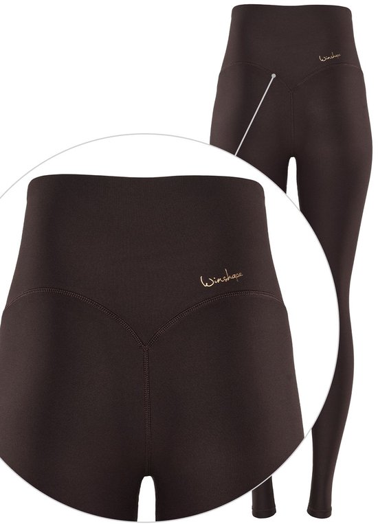 Donkerbruine legging met hoge taille, V-detail en logo op de heup.