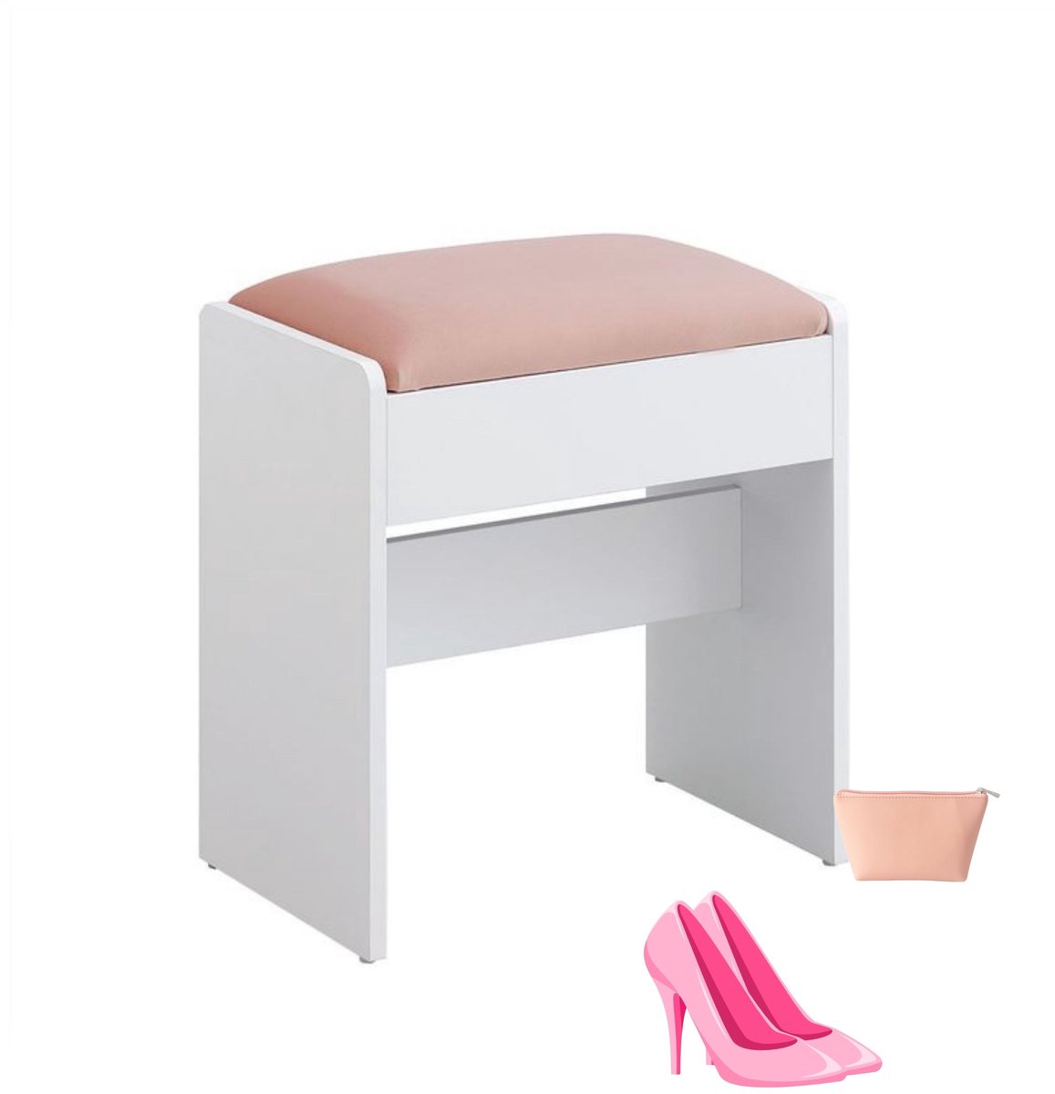 Signature Home Florida Kaptafel Kruk Gewatteerde Fluwelen - Make-up Krukje stoel met Antislip Voetkussentjes - Wit roze