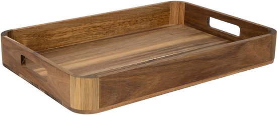 Rechthoekig houten dienblad van acaciahout met ingebouwde handgrepen.
