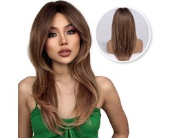 SassyGoods Bruine Pruik - Pruiken Dames Lang Haar - Haren Vrouwen - Lijkt Echt Haar - Verstelbaar - Wasbaar - Licht Bruin - 60 cm