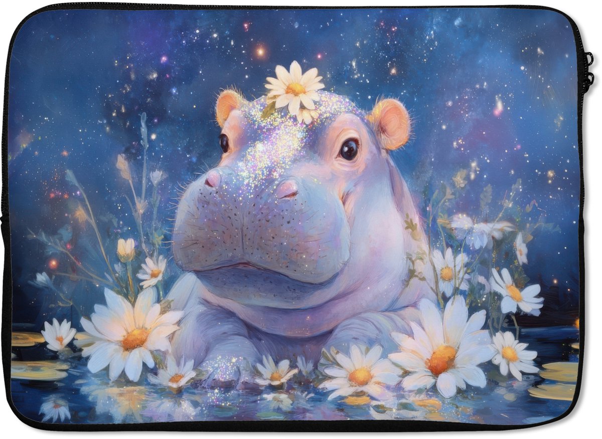 Laptophoes 13 inch - Nijlpaard - Madeliefjes - Sterrenhemel - Laptop sleeve - Binnenmaat 32x22,5 cm - Zwarte achterkant
