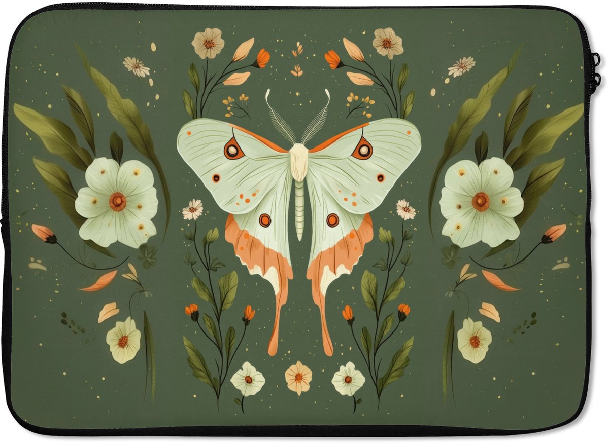 Laptophoes 14 inch - Bloemen - Bladeren - Olijfgroen - Vlinder - Laptop sleeve - Binnenmaat 33x23 cm - Zwarte achterkant