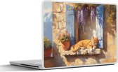 Autocollant pour ordinateur portable - 15,6 pouces - Chat - Rebord de fenêtre en pierre - Fleurs - 36x27,5 cm - Autocollants pour ordinateur portable - Skin pour ordinateur portable - Housse