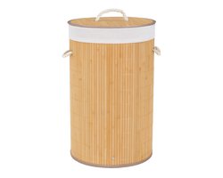 Bamboe Wasmand met Deksel – 54 Liter – Ø35 x 57 cm – Opvouwbare Wasmand met Touw Handvatten – Ademend & Duurzaam– Wasbaar – Bruin
