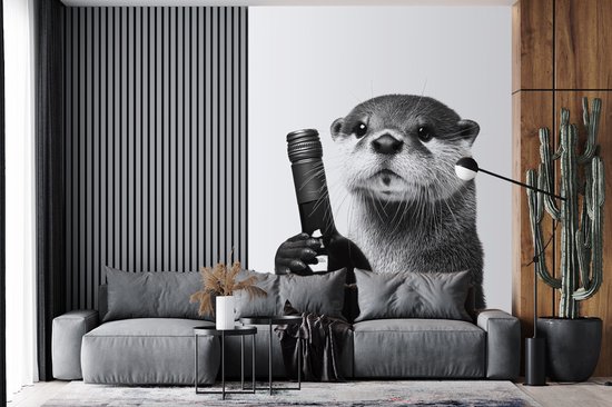 Behang - Fotobehang Wijnfles - Otter - Zwart - Breedte 190 cm x hoogte 260 cm
