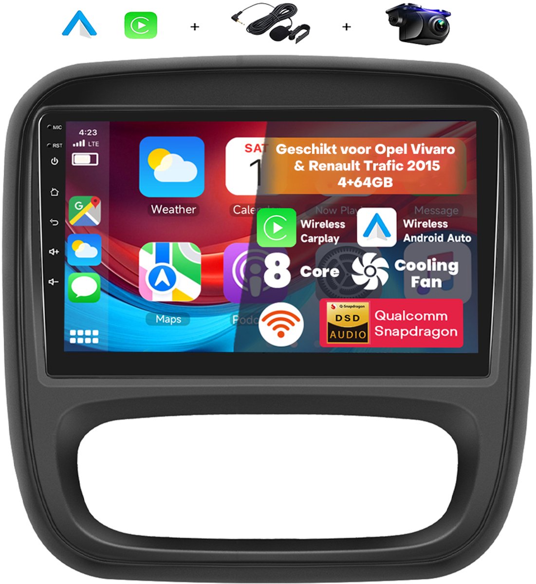 Boscer Autoradio Geschikt voor Renault Trafic & Opel Vivaro (2015) – 8-Core, 4+64GB – Android 15 – Draadloze CarPlay & Android Auto – 9 Inch HD IPS Touchscreen – Interne Koeling – GPS, Bluetooth, USB & WiFi – Achteruitrijcamera & Microfoon