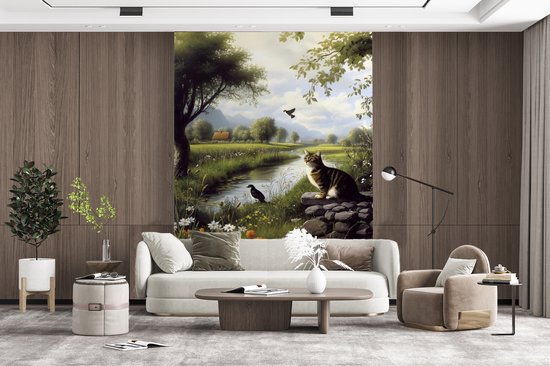 Behang - Fotobehang Kat - Beekje - Weide - Breedte 190 cm x hoogte 260 cm