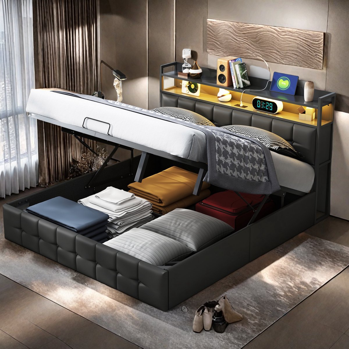 Tweepersoonsbed 140x200cm met USB & Stopcontacten, LED-verlichting, Lattenbodem en Opbergruimte, PU Leder Zwart