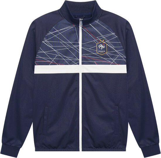 Donkerblauw trainingspak met een wit met geometrisch patroon op de borst en zijkanten, en een FFF-logo.