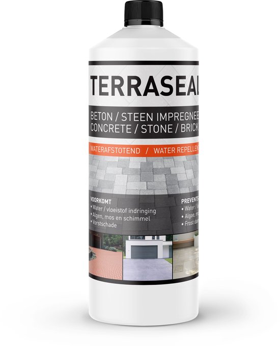 Fles Terraseal Pro met label voor beton/steen impregneer. Waterafstotend.