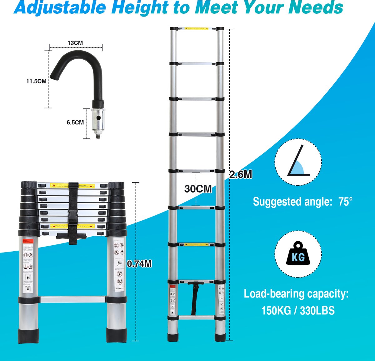 Telescopische Ladder - Telescoopladder - 2,6m zilver + haak, Max. Belasting 150 kg, Compact en Draagbaar met Soft Closing Systeem, Geschikt voor Particulier en Professioneel Gebruik, Telescopische Vouwladder – foto 8