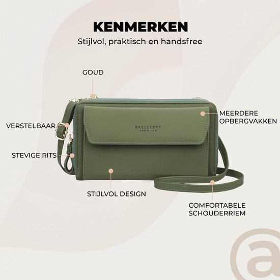 Sac de téléphone universel avec bandoulière pour mains libres – Sac portefeuille robuste avec beaucoup d'espace de rangement – ​​Sacs de téléphone pour femme – Convient pour iPhone, Samsung, Honor, Google Pixel, Lenovo et Xiaomi – Vert