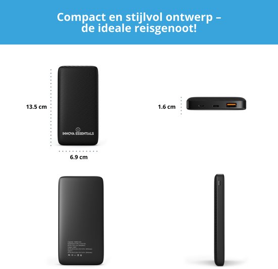 Compacte, dunne, zwarte powerbank van 13.5 x 6.9 x 1.6 cm met USB-C en USB-A poorten.