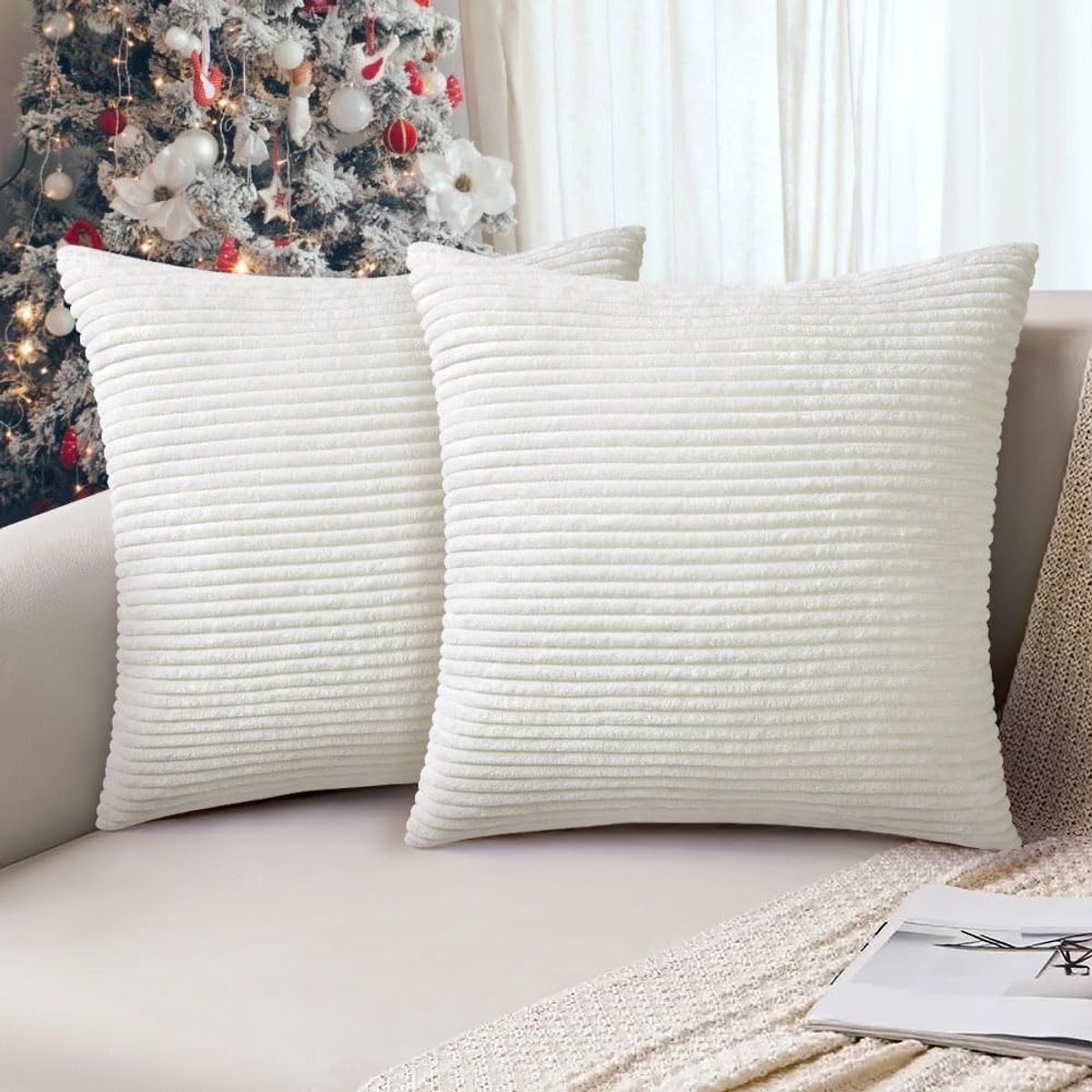 Ibenzoa Set van 2 luxe corduroy kussenslopen met onzichtbare ritssluiting voor moderne inrichting wit