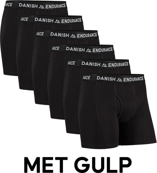 6-pack zwarte katoenen boxershorts met de tekst 'DANISH ENDURANCE' op de tailleband en met gulp.