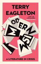 Boekomslag met de titel 'A LITERATURE IN CRISIS' door Terry Eagleton. Boeken met letters die de woorden 'MODERNISM' vormen, op een roze achtergrond.