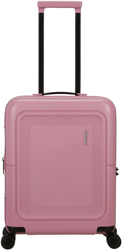 Roze American Tourister koffer met gestreept patroon op de voorkant, handvat en wielen.